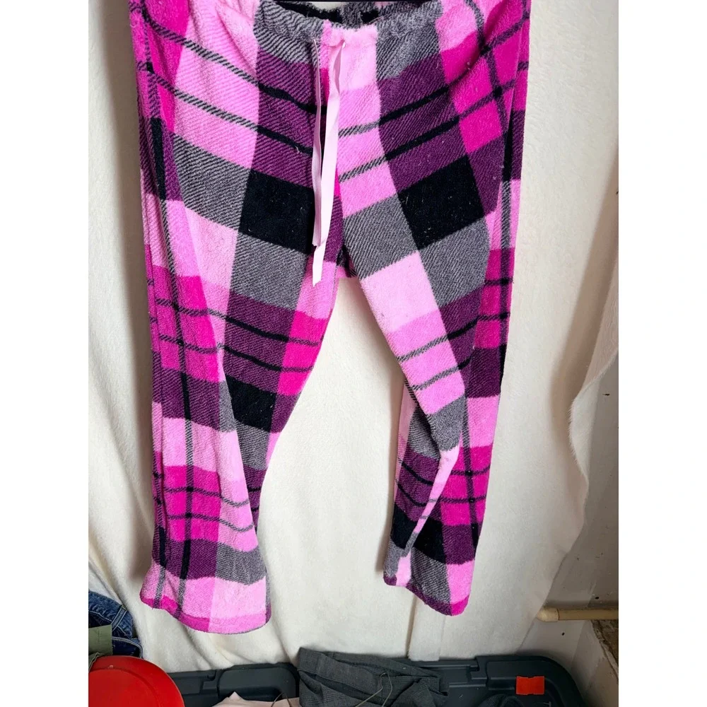 Pink Black Plaid Fleece Pajama Pants Women Large 12-14 Sleepwear Loungewear